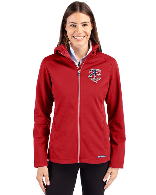 Minnesota Twins Stars & Stripes Cutter & Buck Evoke Softshell Recycled Full Zip Womens Jacket Cardinal Red Front