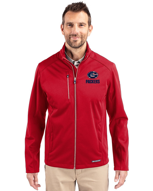 Green Bay Packers Americana Cutter & Buck Evoke Softshell Recycled Full Zip Mens Jacket Cardinal Red Front
