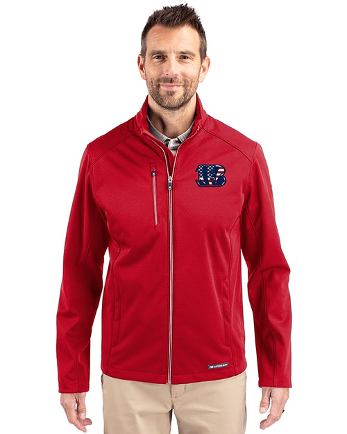 Cincinnati Bengals Americana Cutter & Buck Evoke Softshell Recycled Full Zip Mens Jacket Cardinal Red Front