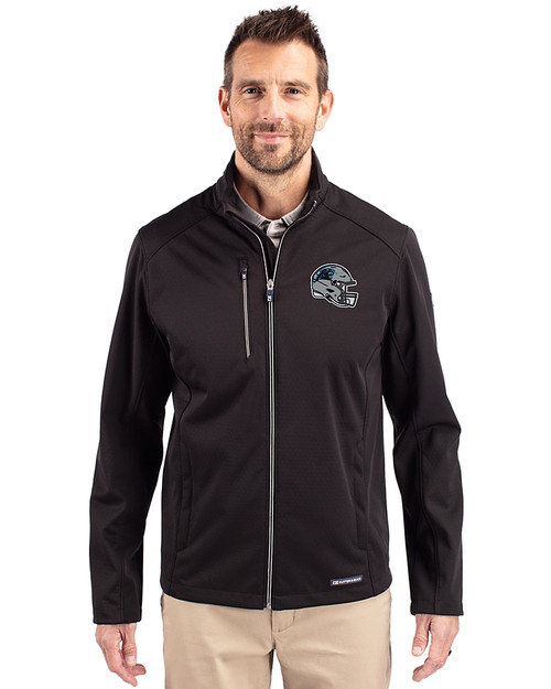 Carolina Panthers NFL Helmet Cutter & Buck Evoke Softshell Recycled Full Zip Mens Jacket Black Front