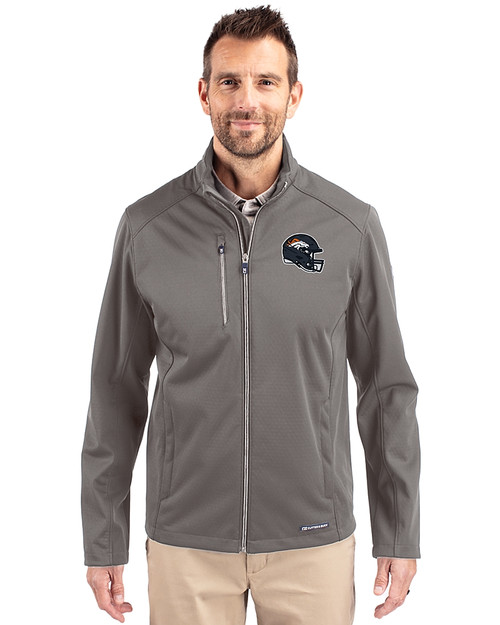 Denver Broncos NFL Helmet Cutter & Buck Evoke Softshell Recycled Full Zip Mens Jacket Elemental Grey Front