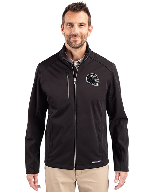Baltimore Ravens NFL Helmet Cutter & Buck Evoke Softshell Recycled Full Zip Mens Jacket Black Front