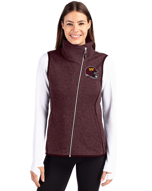 Washington Commanders NFL Helmet Cutter & Buck Mainsail Sweater-Knit Womens Full Zip Asymmetrical Vest Bordeaux Heather Front