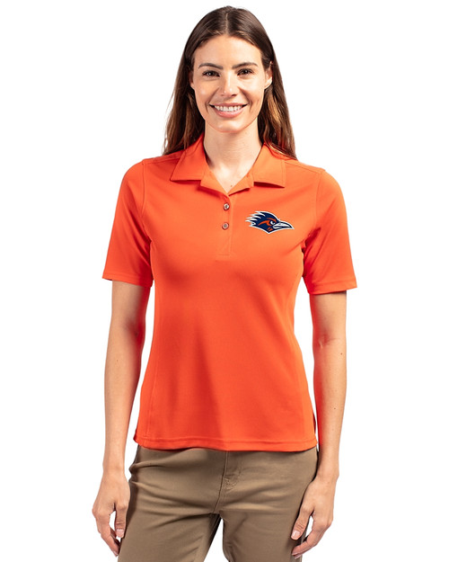 UTSA Roadrunners Cutter & Buck Virtue Eco Pique Recycled Womens Polo College Orange Front