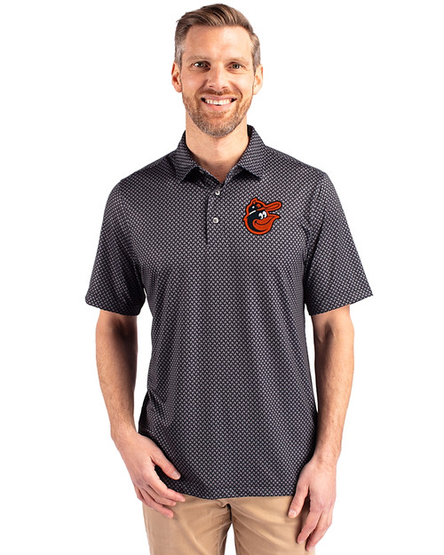 Baltimore Orioles Cooperstown Cutter & Buck Pike Banner Print Stretch Mens Big & Tall Polo Black Front