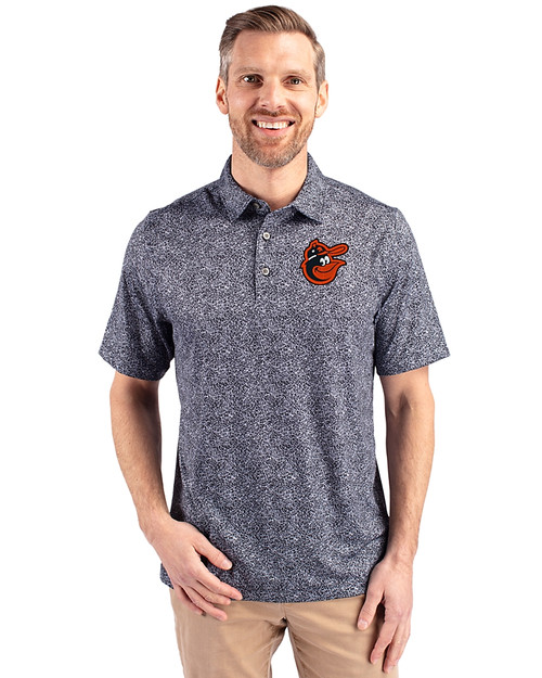 Baltimore Orioles Cooperstown Cutter & Buck Pike Constellation Print Stretch Mens Polo Black Front