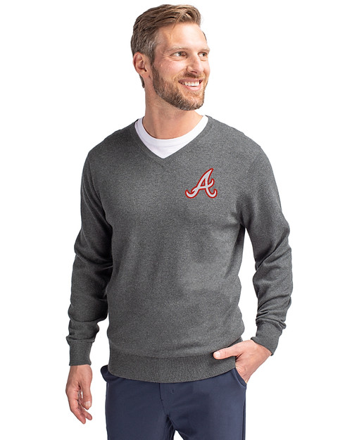 Atlanta Braves Cooperstown Cutter & Buck Lakemont Tri-Blend Mens V-Neck Pullover Sweater Charcoal Heather Front