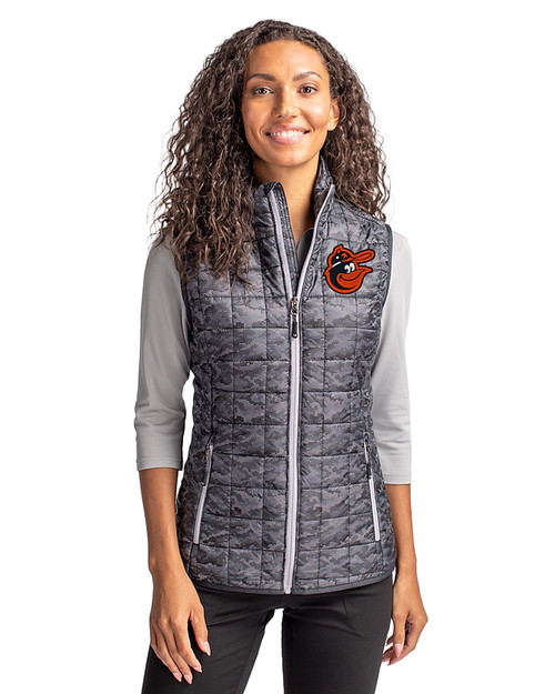 Baltimore Orioles Cooperstown Cutter & Buck Rainier PrimaLoft® Womens Eco Insulated Full Zip Printed Puffer Vest Black Front