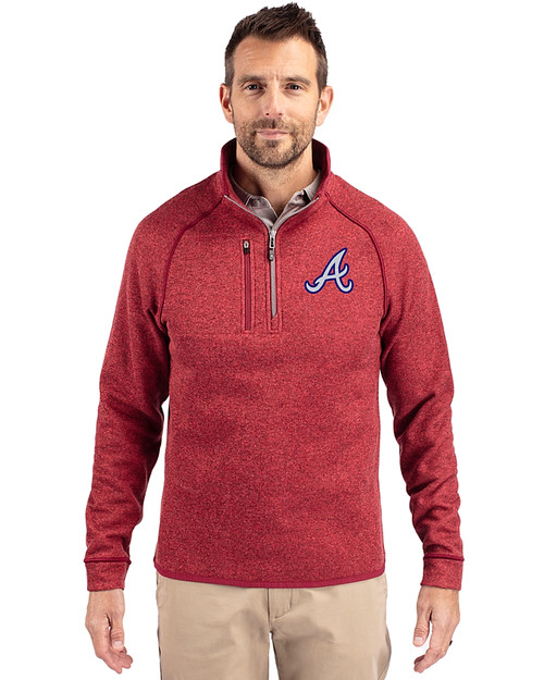 Atlanta Braves Cooperstown Cutter & Buck Mainsail Sweater-Knit Mens Half Zip Pullover Jacket Cardinal Red Heather Front