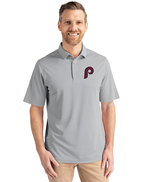 Philadelphia Phillies Cooperstown Cutter & Buck Virtue Eco Pique Recycled Mens Big and Tall Polo Polished Medium Gray Front