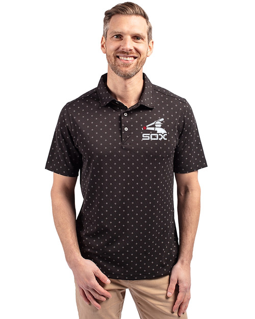 Chicago White Sox Cooperstown Cutter & Buck Virtue Eco Pique Tile Print Recycled Mens Polo Black Front