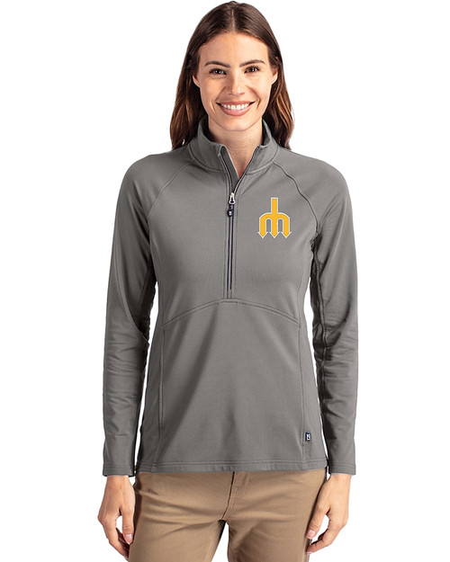 Seattle Mariners Cooperstown Cutter & Buck Adapt Recycled Soft Knit Stretch Womens Half Zip Pullover Elemental Grey Front