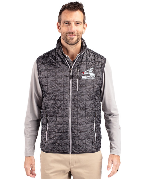 Chicago White Sox Cooperstown Cutter & Buck Rainier PrimaLoft® Mens Eco Insulated Full Zip Printed Puffer Vest Black Front