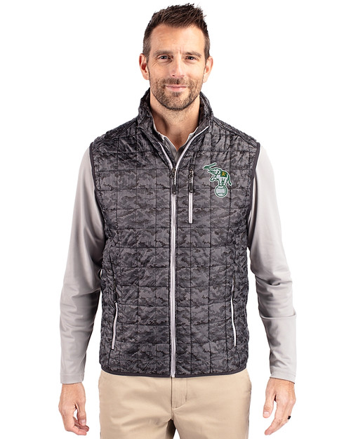 Athletics Cooperstown Cutter & Buck Rainier PrimaLoft® Mens Eco Insulated Full Zip Printed Puffer Vest Black Front