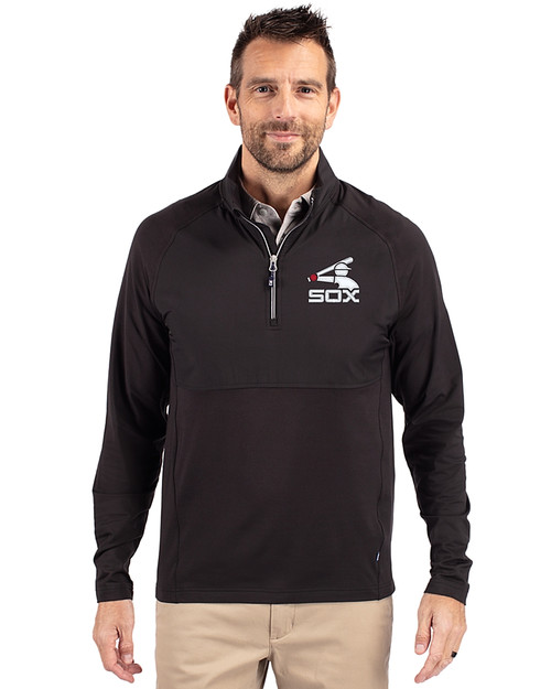 Chicago White Sox Cooperstown Cutter & Buck Adapt Eco Knit Hybrid Recycled Mens Quarter Zip Black Front