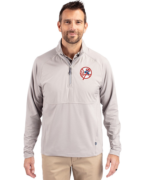 New York Yankees Cooperstown Cutter & Buck Adapt Eco Knit Hybrid Recycled Mens Quarter Zip Polished Medium Gray Front