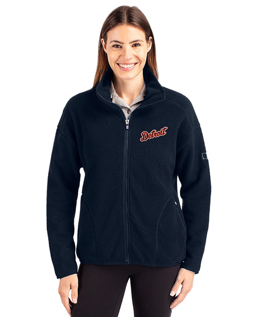 Detroit Tigers Cooperstown Cutter & Buck Cascade Eco Fleece Womens Full Zip Jacket Navy Blue Front