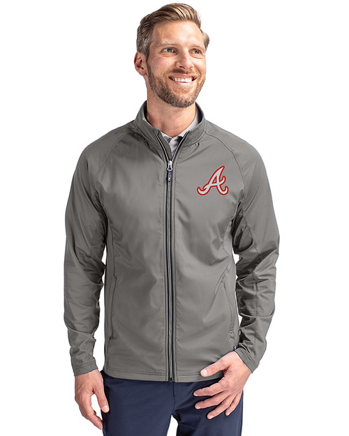 Atlanta Braves Cooperstown Cutter & Buck Adapt Recycled Soft Knit Stretch Mens Big & Tall Hybrid Full Zip Jacket Elemental Grey Front