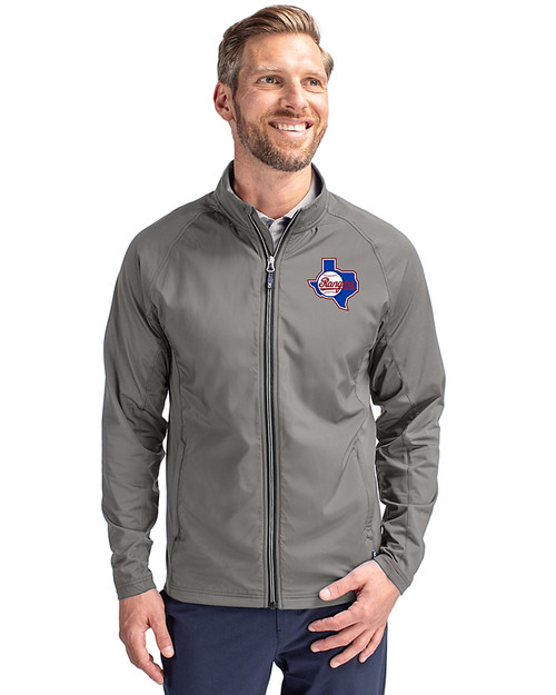Texas Rangers Cooperstown Cutter & Buck Adapt Eco Knit Hybrid Recycled Mens Big & Tall Full Zip Jacket Elemental Grey Front