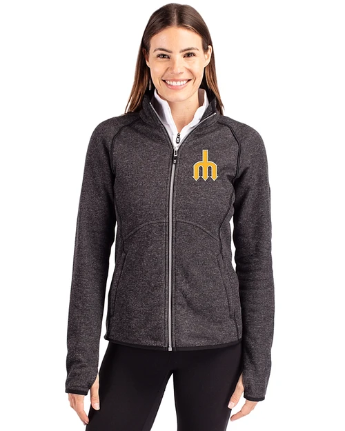 Seattle Mariners Cooperstown Cutter & Buck Mainsail Sweater-Knit Womens Full Zip Jacket Charcoal Heather Front