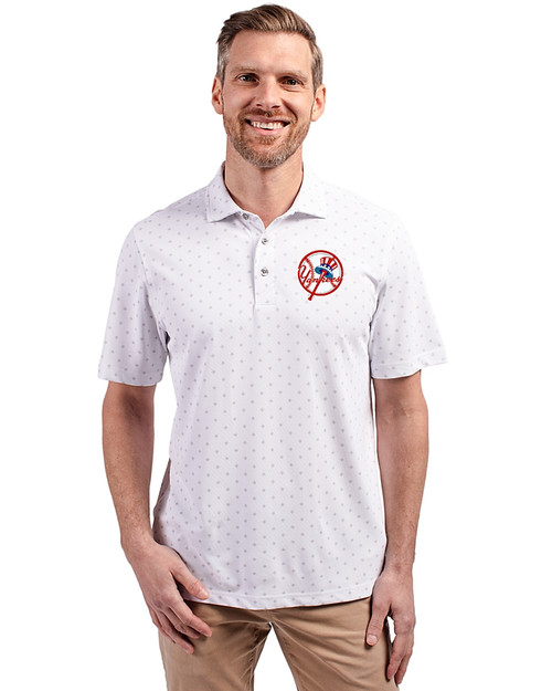 New York Yankees Cooperstown Cutter & Buck Virtue Eco Pique Tile Print Recycled Mens Big & Tall Polo White Front