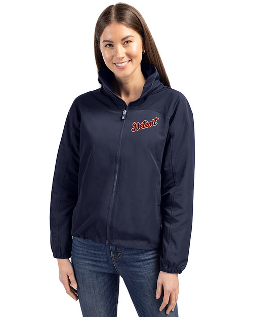 Detroit Tigers Cooperstown Cutter & Buck Charter Eco Recycled Womens Full-Zip Jacket Navy Blue Front