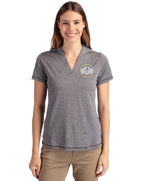 Milwaukee Brewers Cooperstown Cutter & Buck Forge Eco Heathered Stretch Womens Blade Top Charcoal Heather Front
