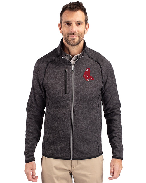 Boston Red Sox Cooperstown Cutter & Buck Mainsail Sweater-Knit Mens Big and Tall Full Zip Jacket Charcoal Heather Front