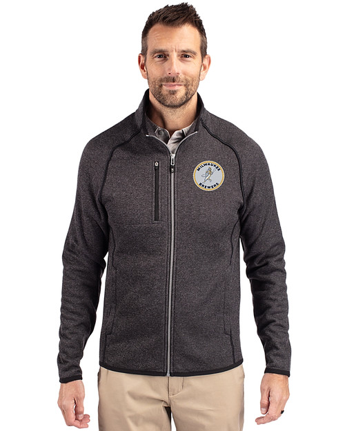 Milwaukee Brewers Cooperstown Cutter & Buck Mainsail Sweater-Knit Mens Big and Tall Full Zip Jacket Charcoal Heather Front