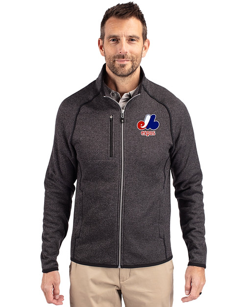 Montreal Expos Cooperstown Cutter & Buck Mainsail Sweater-Knit Mens Big and Tall Full Zip Jacket Charcoal Heather Front