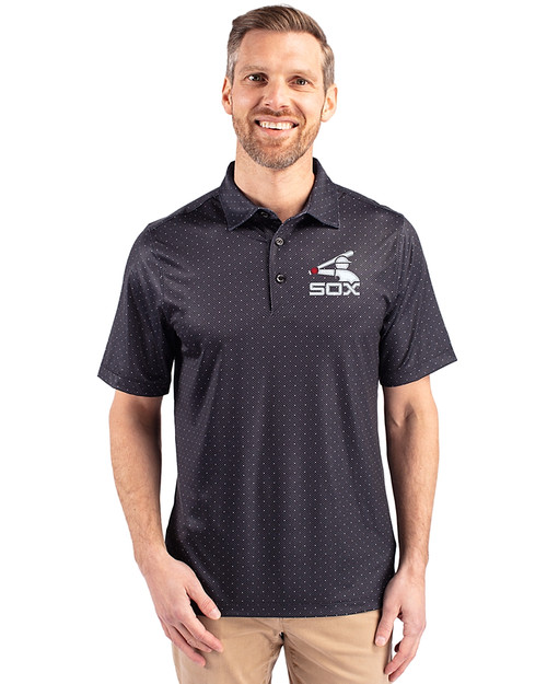 Chicago White Sox Cooperstown Cutter & Buck Pike Double Dot Print Stretch Mens Polo Black Front