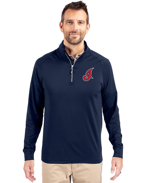 Cleveland Indians Cooperstown Cutter & Buck Adapt Eco Knit Stretch Recycled Mens Big and Tall Quarter Zip Pullover Navy Blue Front
