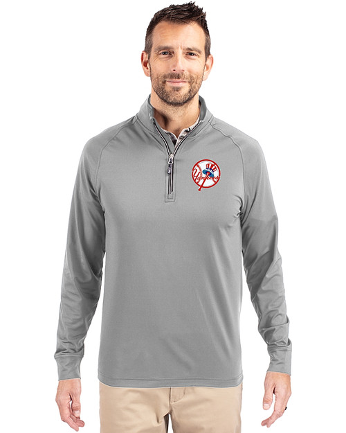 New York Yankees Cooperstown Cutter & Buck Adapt Eco Knit Stretch Recycled Mens Big and Tall Quarter Zip Pullover Polished Medium Gray Front