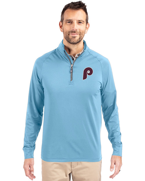 Philadelphia Phillies Cooperstown Cutter & Buck Adapt Eco Knit Stretch Recycled Mens Quarter Zip Pullover Atlas Light Blue Front