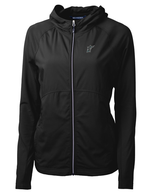 Miami Marlins Cooperstown Cutter & Buck Adapt Eco Knit Hybrid Recycled Womens Full Zip Jacket BL_MANN_HG 1