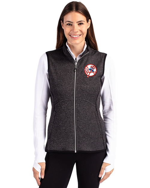 New York Yankees Cooperstown Cutter & Buck Mainsail Sweater Knit Womens Full Zip Vest Charcoal Heather Front