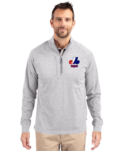 Montreal Expos Cooperstown Cutter & Buck Adapt Eco Knit Heather Mens Quarter Zip Pullover Polished Heather Front