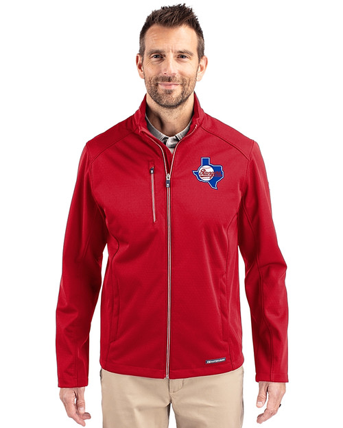 Texas Rangers Cooperstown Cutter & Buck Evoke Softshell Recycled Full Zip Mens Jacket Cardinal Red Front