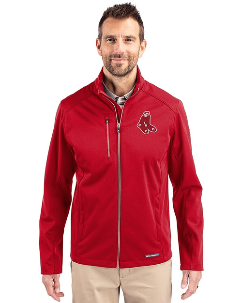 Boston Red Sox Cooperstown Cutter & Buck Evoke Softshell Recycled Full Zip Mens Jacket Cardinal Red Front