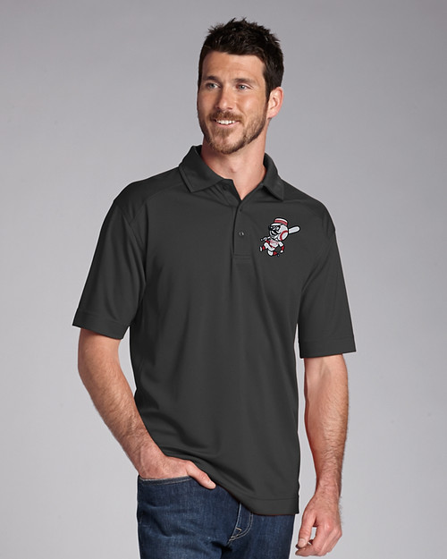Cincinnati Reds Cooperstown Cutter & Buck CB Drytec Genre Textured Solid Mens Big and Tall Polo Black Front
