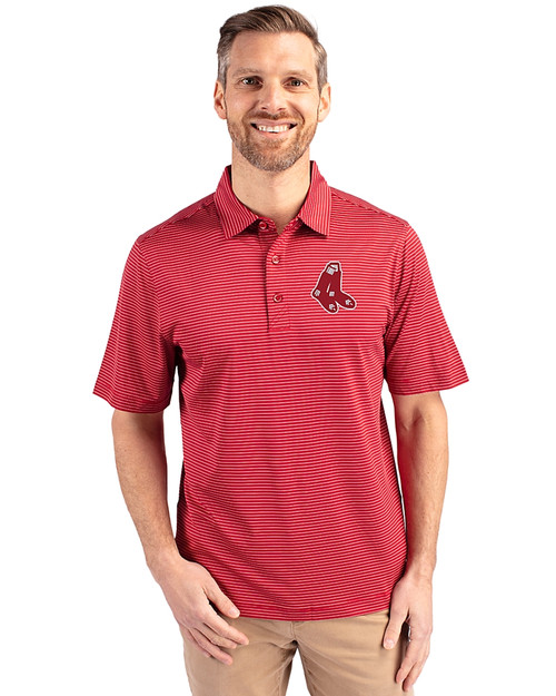 Boston Red Sox Cooperstown Cutter & Buck Forge Pencil Stripe Stretch Mens Big and Tall Polo Cardinal Red Front