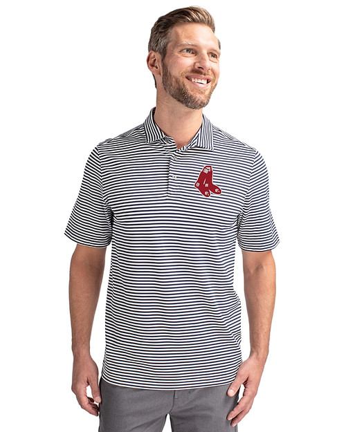 Boston Red Sox Cooperstown Cutter & Buck Virtue Eco Pique Stripe Recycled Mens Big and Tall Polo Navy Blue Front