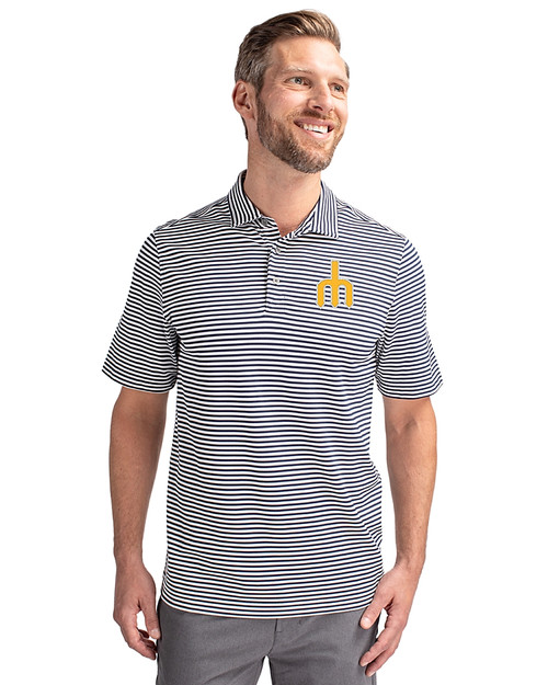 Seattle Mariners Cooperstown Cutter & Buck Virtue Eco Pique Stripe Recycled Mens Big and Tall Polo Navy Blue Front