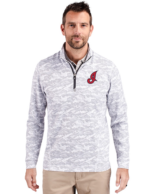 Cleveland Indians Cooperstown Cutter & Buck Traverse Stretch Eco Camo Print Quarter Zip Mens Big and Tall Pullover Charcoal Front