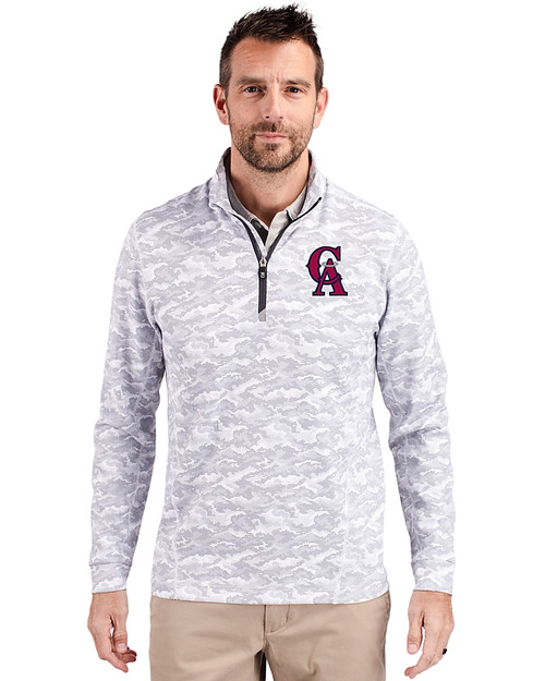 Los Angeles Angels Cooperstown Cutter & Buck Traverse Stretch Eco Camo Print Quarter Zip Mens Big and Tall Pullover Charcoal Front