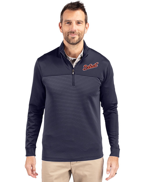 Detroit Tigers Cooperstown Cutter & Buck Traverse Stretch Eco Stripe Quarter Zip Mens Big and Tall Pullover Liberty Navy Front