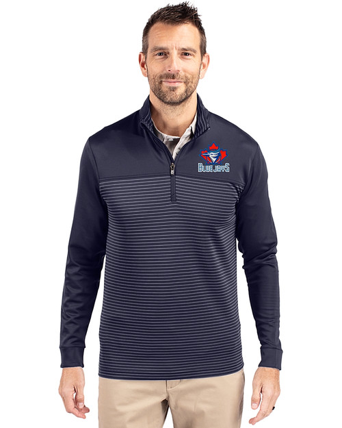 Toronto Blue Jays Cooperstown Cutter & Buck Traverse Recycled Smooth Stretch Mens Big & Tall Stripe Quarter Zip Pullover Liberty Navy Front