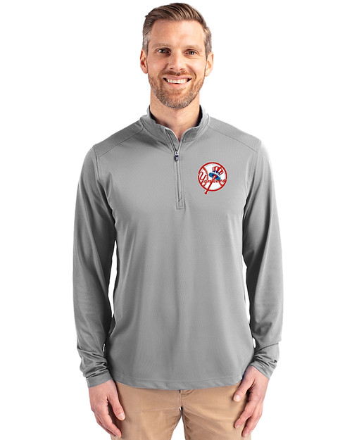 New York Yankees Cooperstown Cutter & Buck Virtue Eco Pique Recycled Quarter Zip Mens Big & Tall Pullover Polished Medium Gray Front