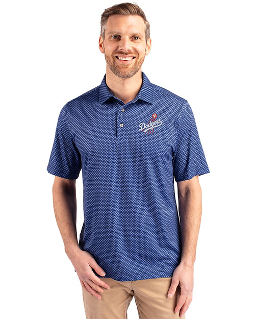 Los Angeles Dodgers Cooperstown Cutter & Buck Pike Banner Print Stretch Mens Big & Tall Polo Navy Blue Front