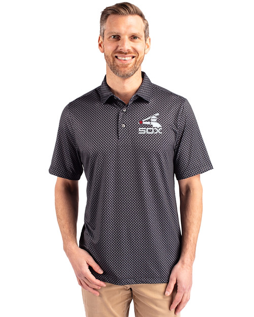 Chicago White Sox Cooperstown Cutter & Buck Pike Banner Print Stretch Mens Big & Tall Polo Black Front